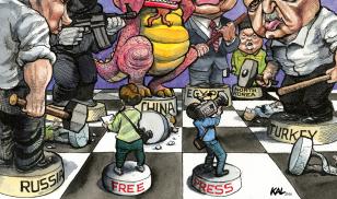 Cartoon by KAL shows journalists represented as chess pieces battling against russia and turkey
