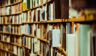 books stacked in a book store