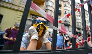 People in Budapest protest for the independence of Hungary's University of Theatre and Film Arts (SZFE) following changes that threaten the university's autonomy. (Image credit: Marton Monus/EPA-EFE/Shutterstock)