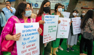 Journalists protest against authorities’ growing restrictions on media, outside the Press Club of India, New Delhi, India, February 18, 2021. 