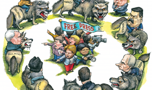 Cartoon by KAL showing a free press surrounded on all sides by authoritarian leaders